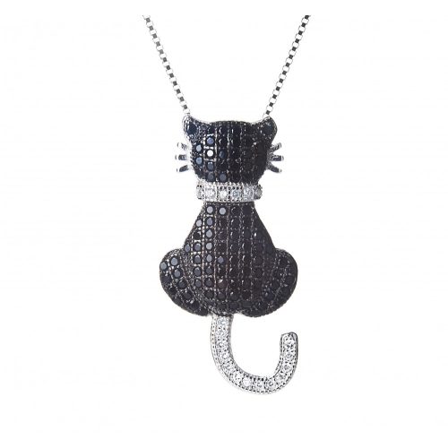 Fekete macska ezüst medál + lánc 